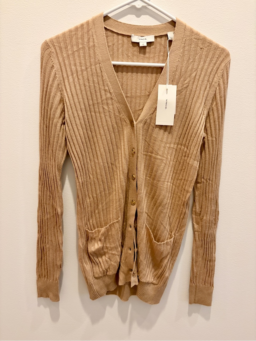 Vince Camel Ribbed V-Neck Button Cardigan